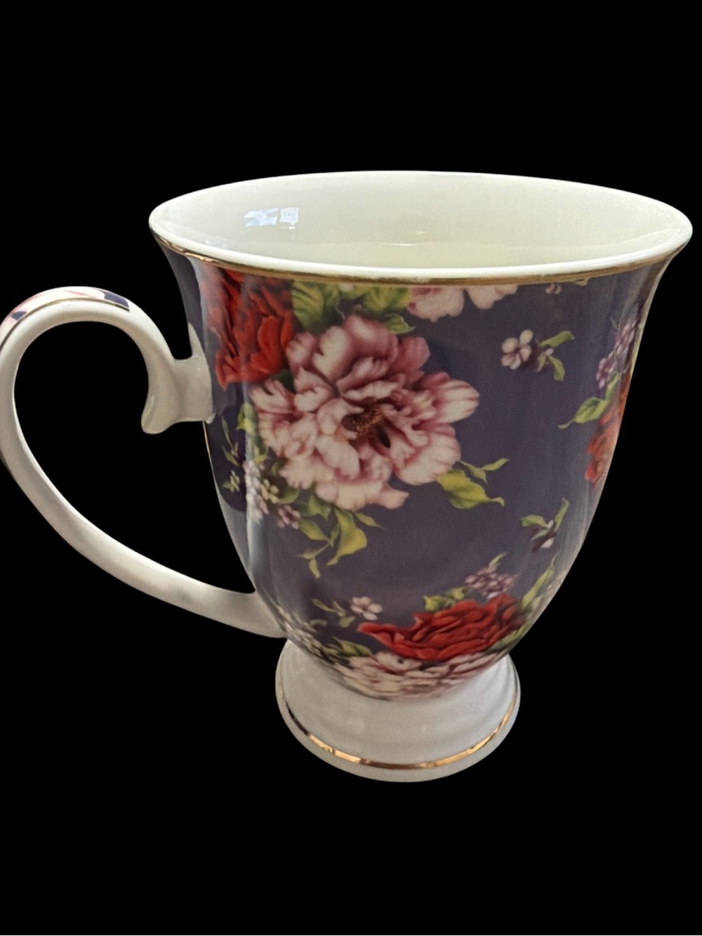 BTaT Royal Coffee Mug Floral Peony Navy & Gold Trim 12 oz